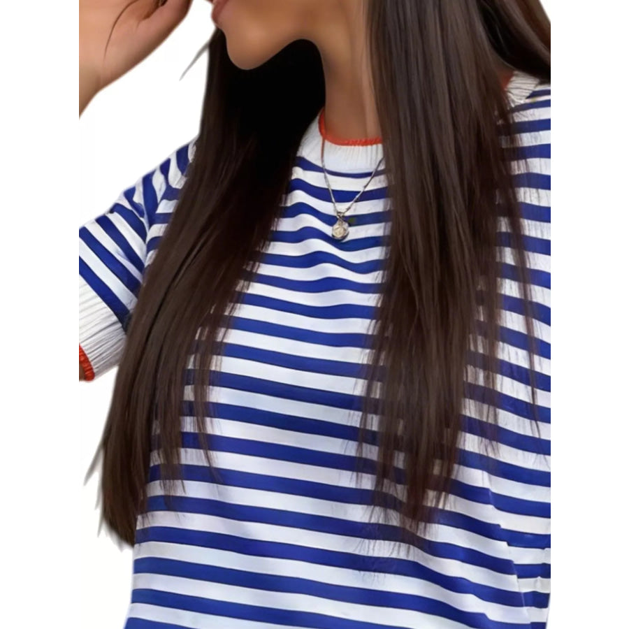 Contrast Trim Striped Short Sleeve Knit Top Apparel and Accessories