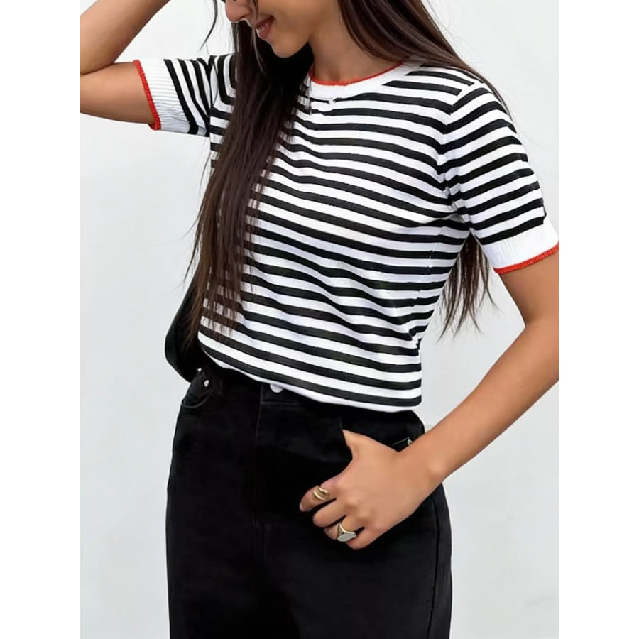 Contrast Trim Striped Short Sleeve Knit Top Black / XS Apparel and Accessories