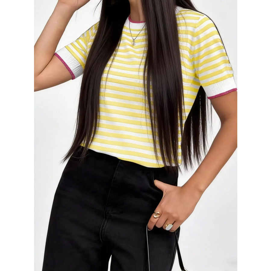 Contrast Trim Striped Short Sleeve Knit Top Canary Yellow / XS Apparel and Accessories