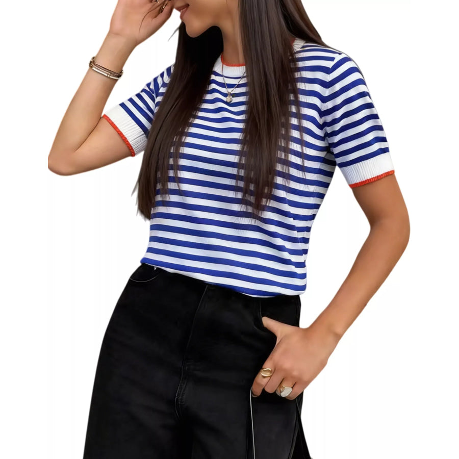 Contrast Trim Striped Short Sleeve Knit Top Navy / XS Apparel and Accessories