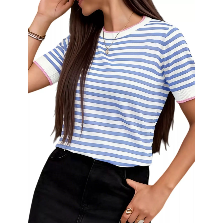 Contrast Trim Striped Short Sleeve Knit Top Stripe / XS Apparel and Accessories