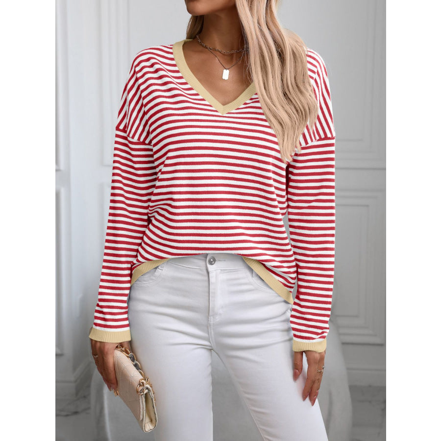 Contrast Trim Striped V-Neck Long Sleeve Knit Top Apparel and Accessories