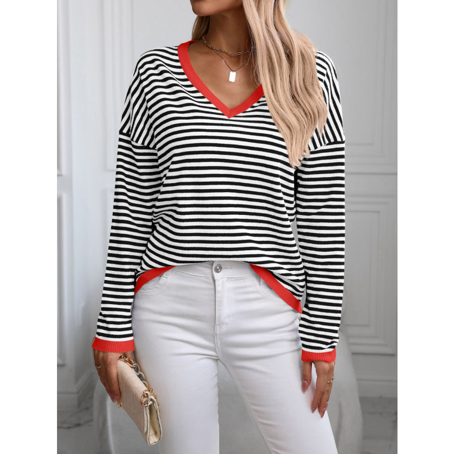 Contrast Trim Striped V-Neck Long Sleeve Knit Top Apparel and Accessories