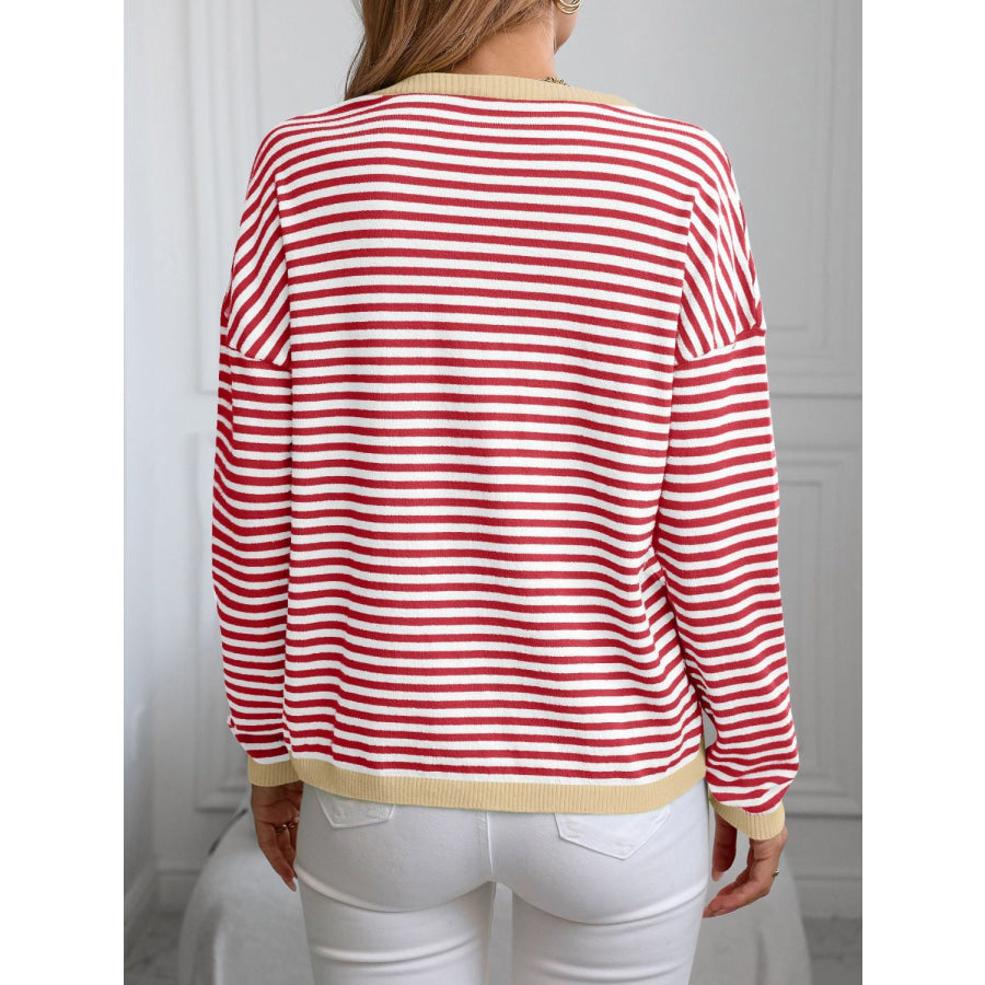 Contrast Trim Striped V-Neck Long Sleeve Knit Top Apparel and Accessories