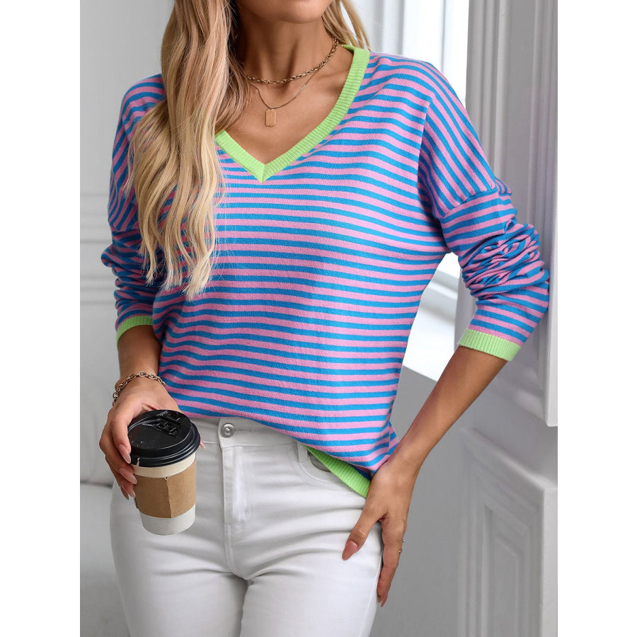 Contrast Trim Striped V-Neck Long Sleeve Knit Top Apparel and Accessories