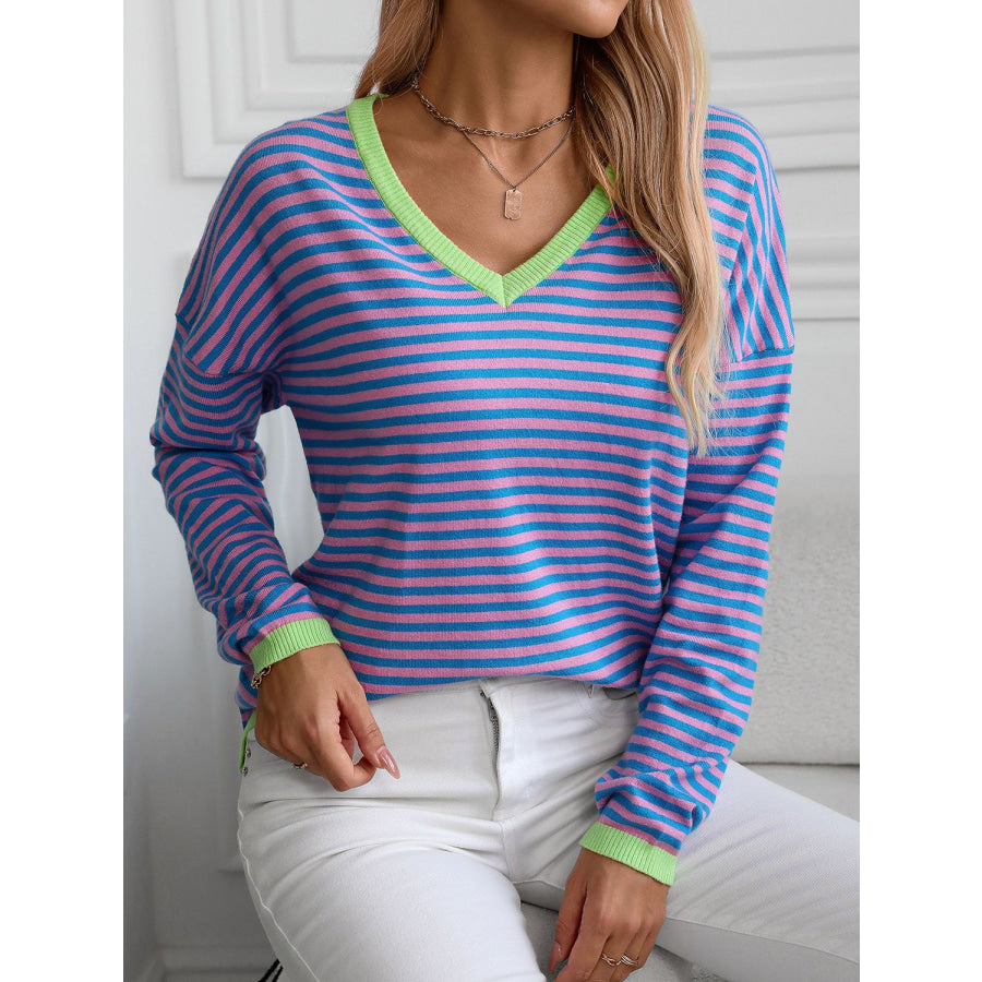 Contrast Trim Striped V-Neck Long Sleeve Knit Top Apparel and Accessories