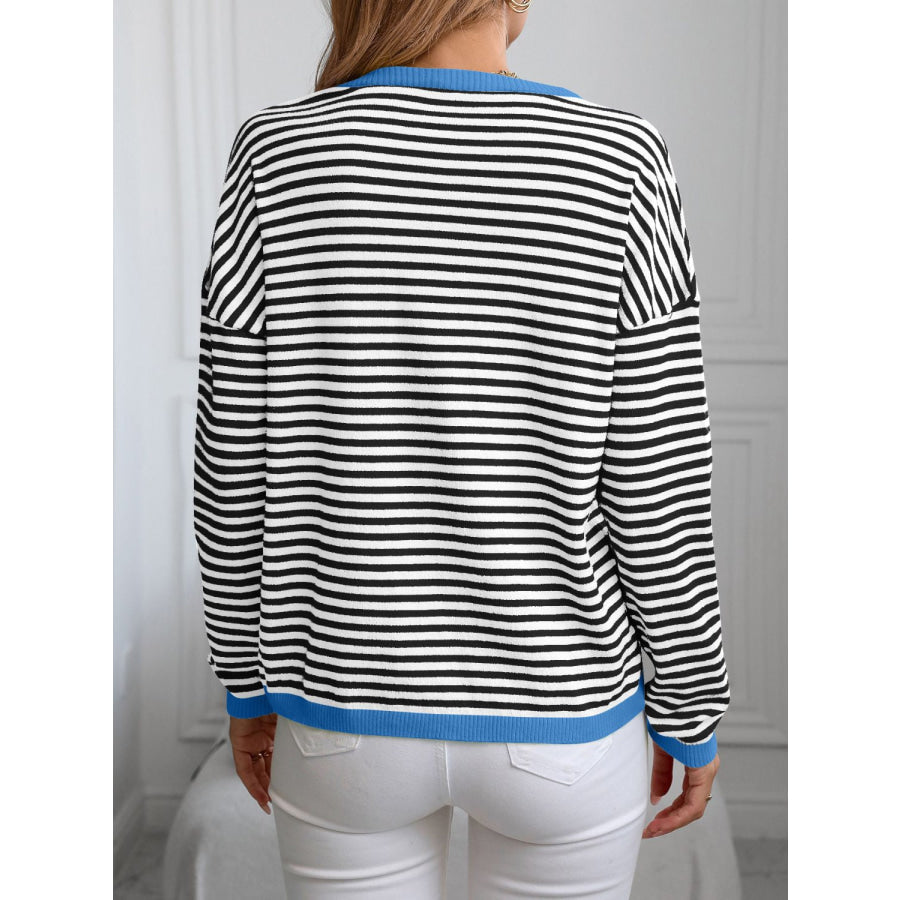 Contrast Trim Striped V-Neck Long Sleeve Knit Top Apparel and Accessories