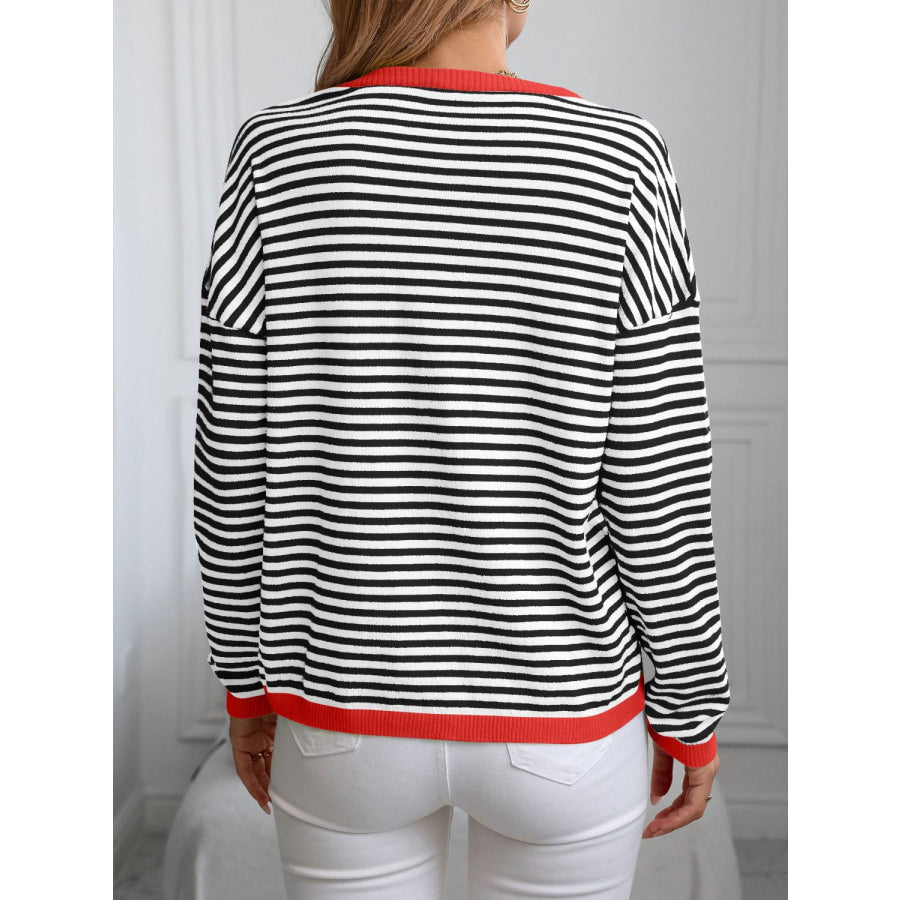 Contrast Trim Striped V-Neck Long Sleeve Knit Top Apparel and Accessories