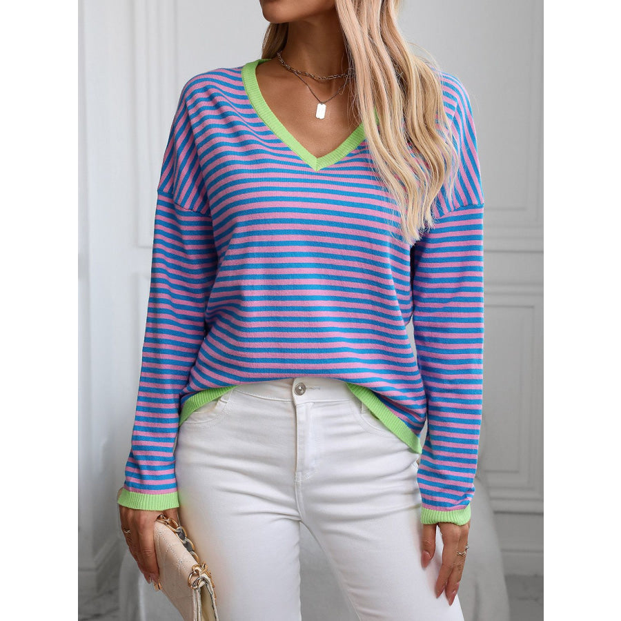 Contrast Trim Striped V-Neck Long Sleeve Knit Top Apparel and Accessories