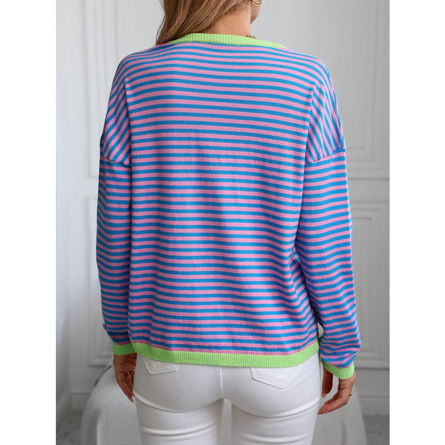 Contrast Trim Striped V-Neck Long Sleeve Knit Top Apparel and Accessories