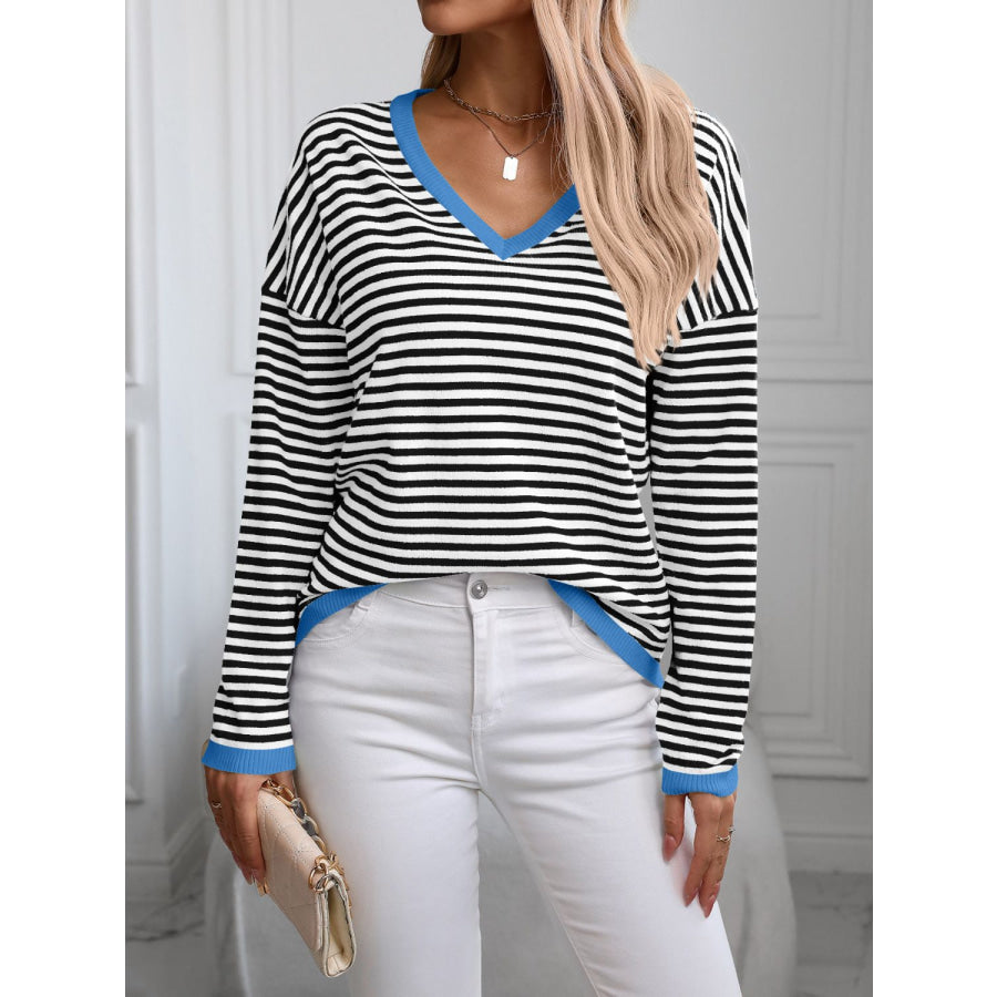 Contrast Trim Striped V-Neck Long Sleeve Knit Top Black/Blue / S Apparel and Accessories