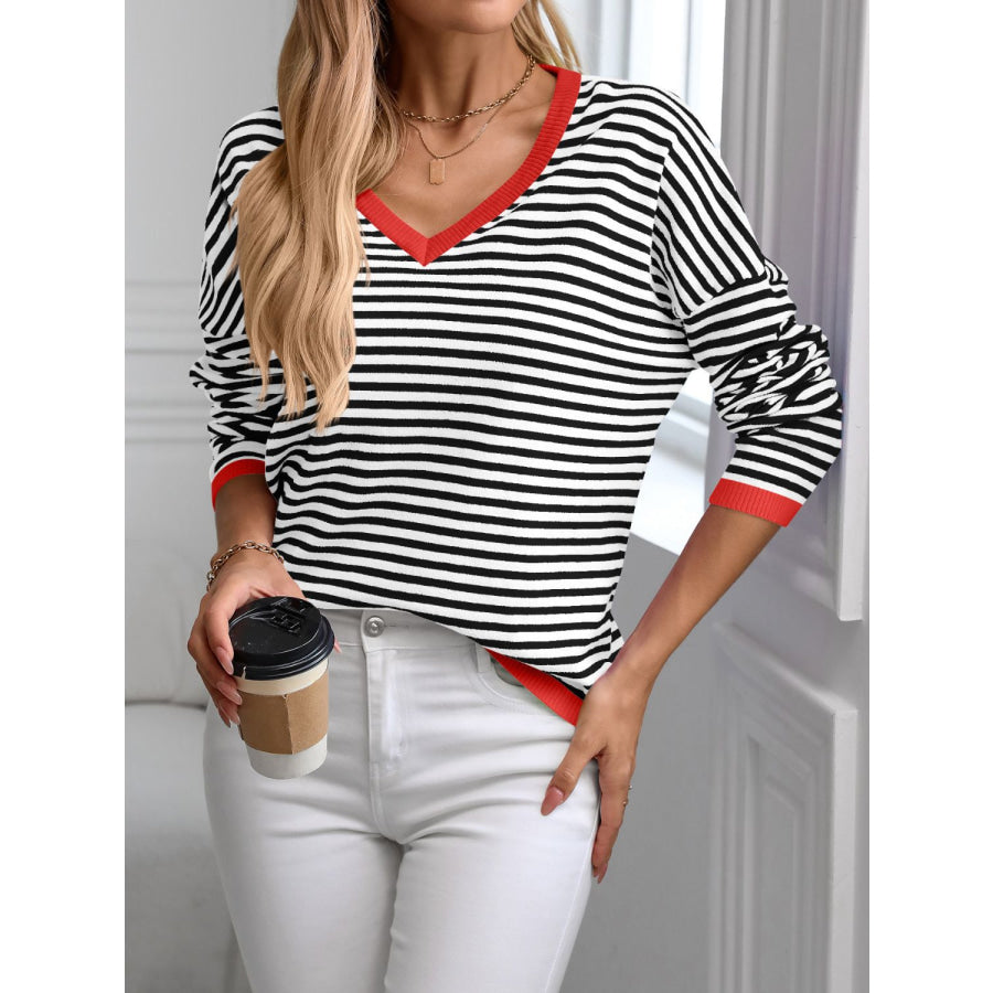 Contrast Trim Striped V-Neck Long Sleeve Knit Top Black/Red / S Apparel and Accessories