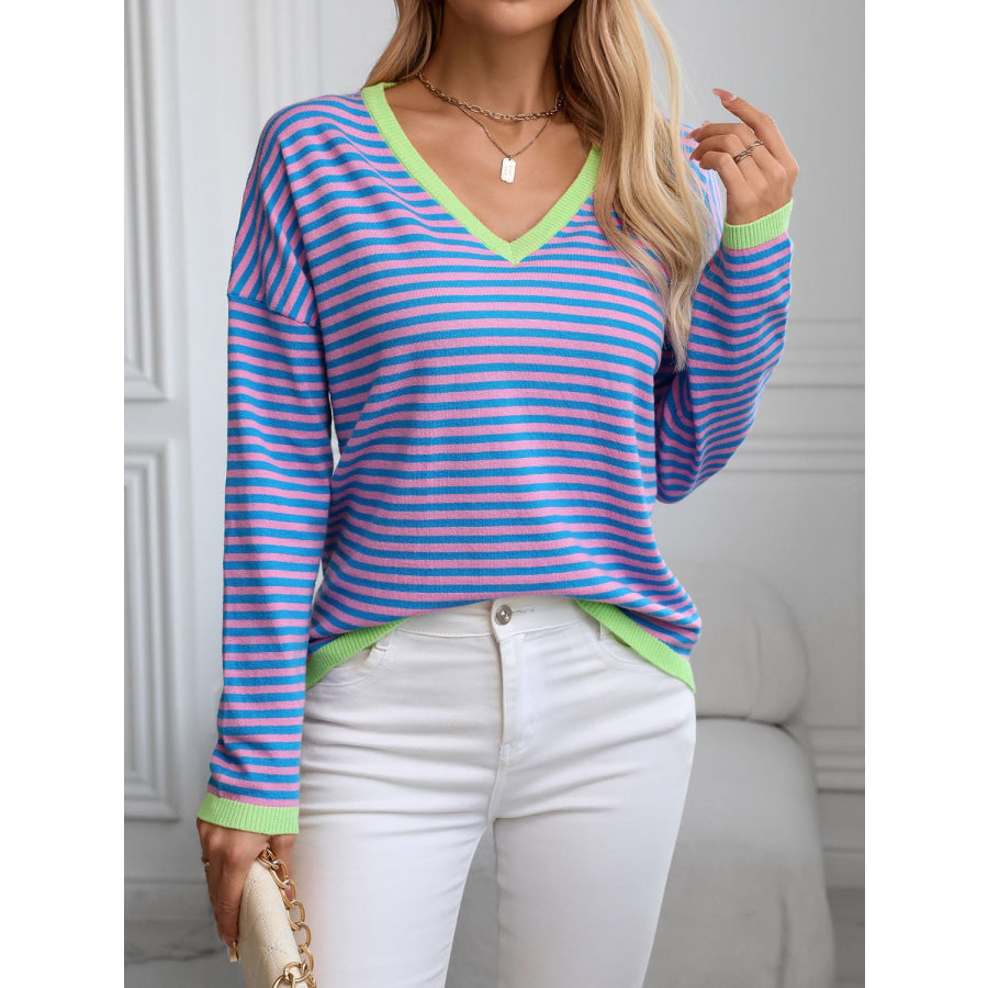 Contrast Trim Striped V-Neck Long Sleeve Knit Top PIink/Blue / S Apparel and Accessories