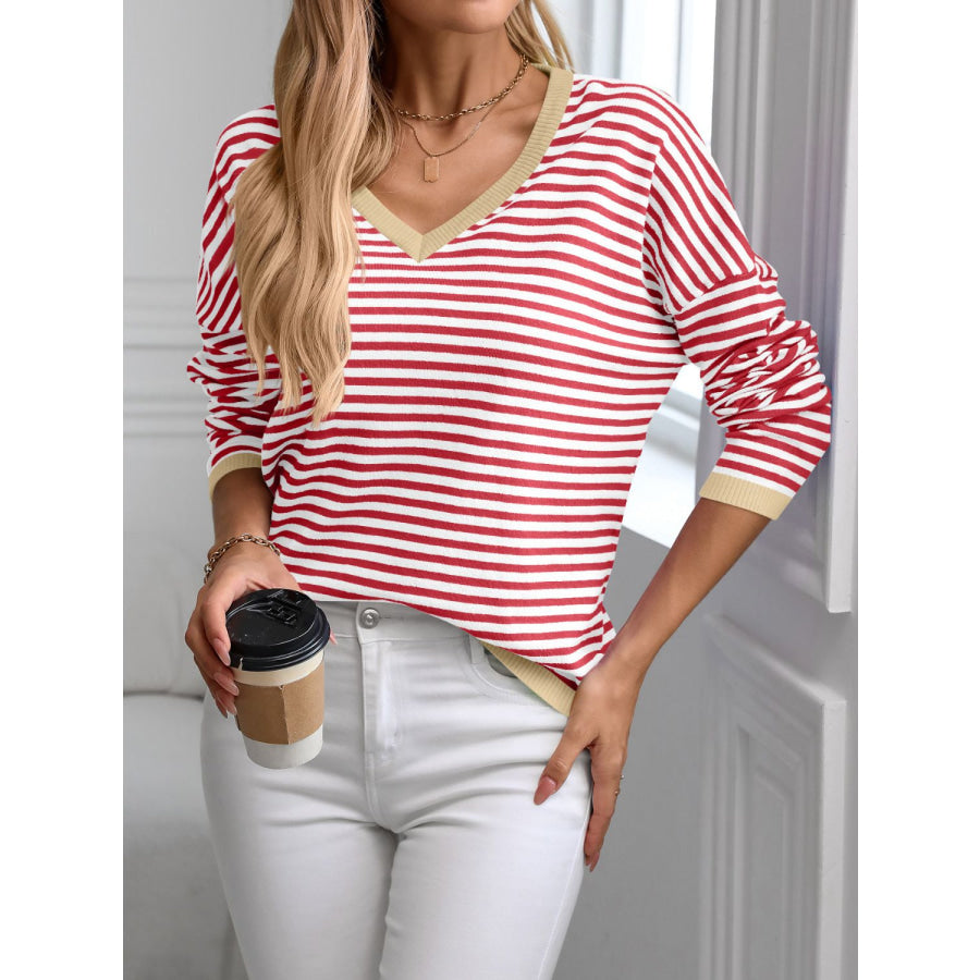 Contrast Trim Striped V-Neck Long Sleeve Knit Top Strawberry / S Apparel and Accessories