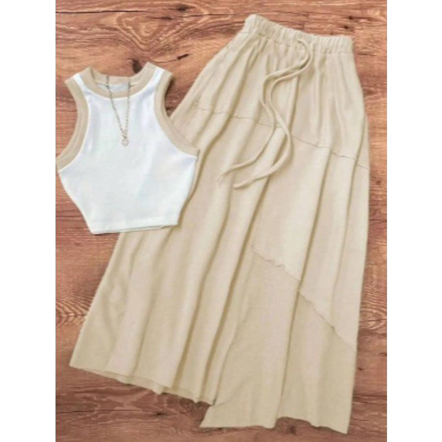 Contrast Trim Tank and Drawstring Waist Skirt Set Khaki / XS Apparel and Accessories