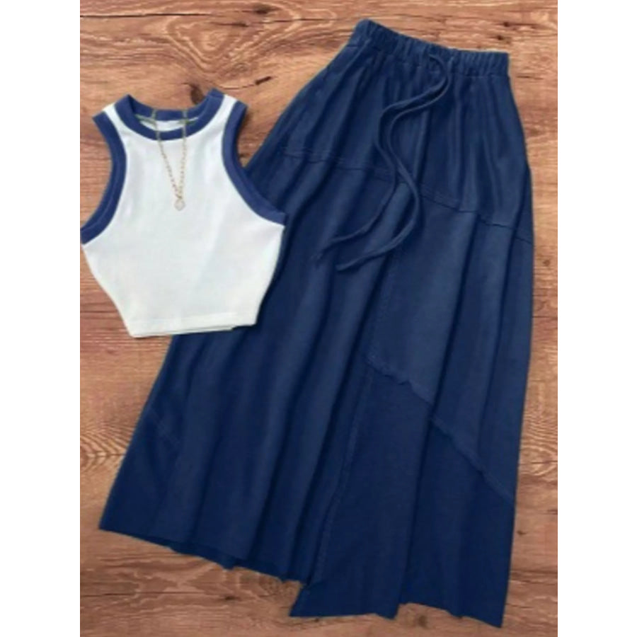 Contrast Trim Tank and Drawstring Waist Skirt Set Navy Blue / XS Apparel and Accessories