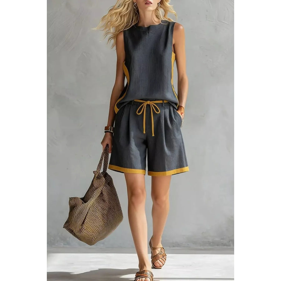 Contrast Trim Tank and Shorts Set Dark Gray / S Apparel Accessories