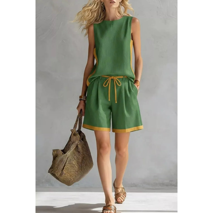 Contrast Trim Tank and Shorts Set Green / S Apparel Accessories