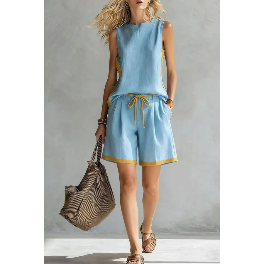 Contrast Trim Tank and Shorts Set Light Blue / S Apparel Accessories