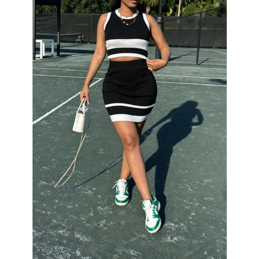 Contrast Trim Tank and Skirt Knit Set Black / S Apparel and Accessories