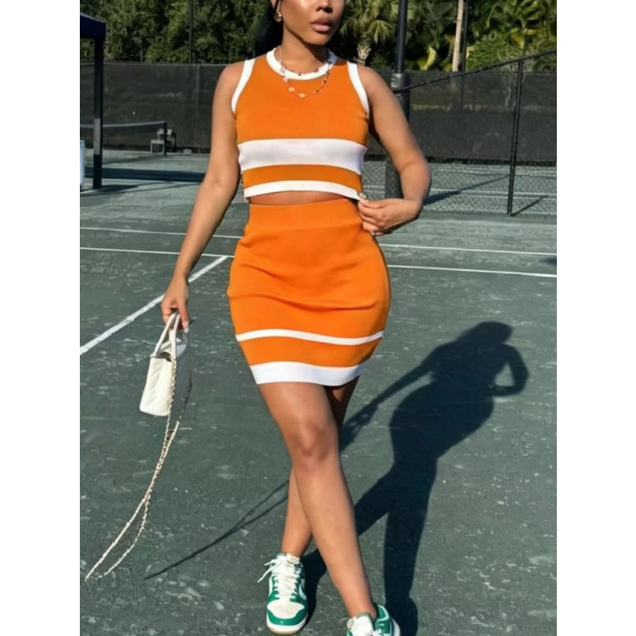 Contrast Trim Tank and Skirt Knit Set Orange / S Apparel and Accessories