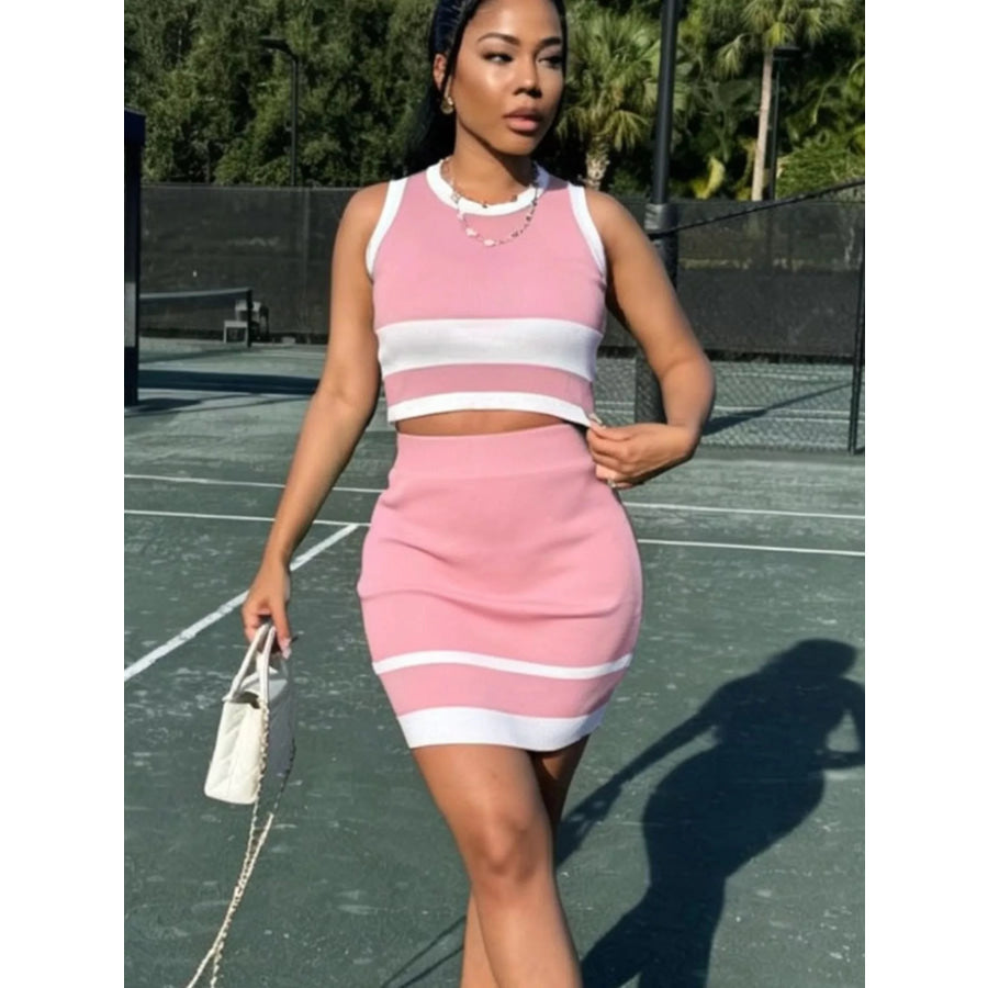 Contrast Trim Tank and Skirt Knit Set Pink / S Apparel and Accessories