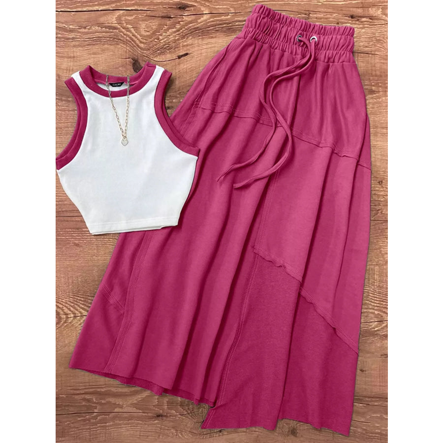Contrast Trim Tank and Skirt Set Rose Red / S Apparel and Accessories