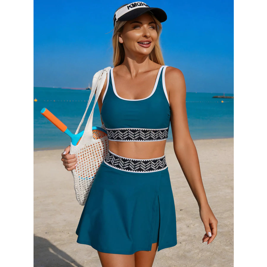 Contrast Trim Tank and Skort Swim Set Teal / S Apparel and Accessories