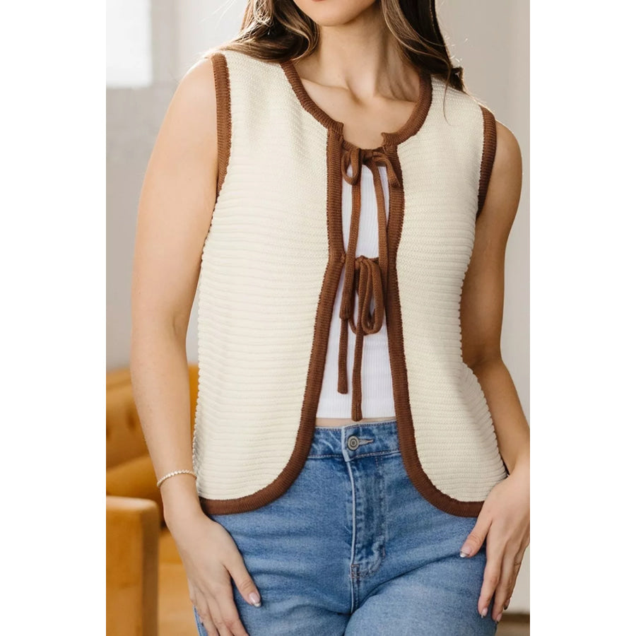 Contrast Trim Tie-Front Sweater Vest Apparel and Accessories