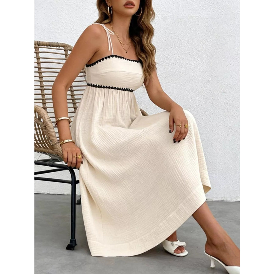 Contrast Trim Tie Shoulder Midi Dress Apparel and Accessories