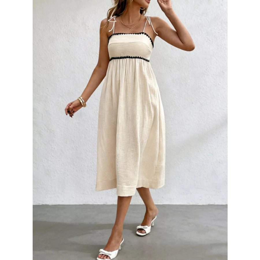 Contrast Trim Tie Shoulder Midi Dress Ivory / XS Apparel and Accessories