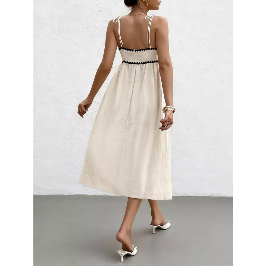 Contrast Trim Tie Shoulder Midi Dress Apparel and Accessories