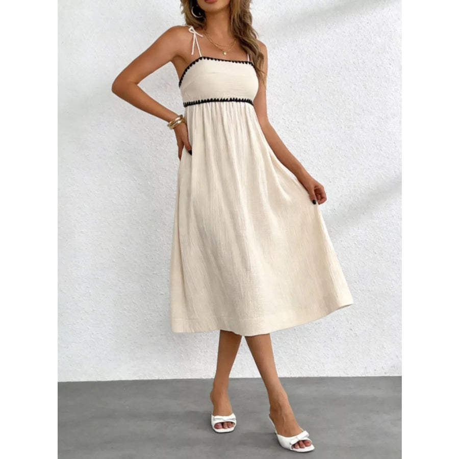 Contrast Trim Tie Shoulder Midi Dress Ivory / XS Apparel and Accessories