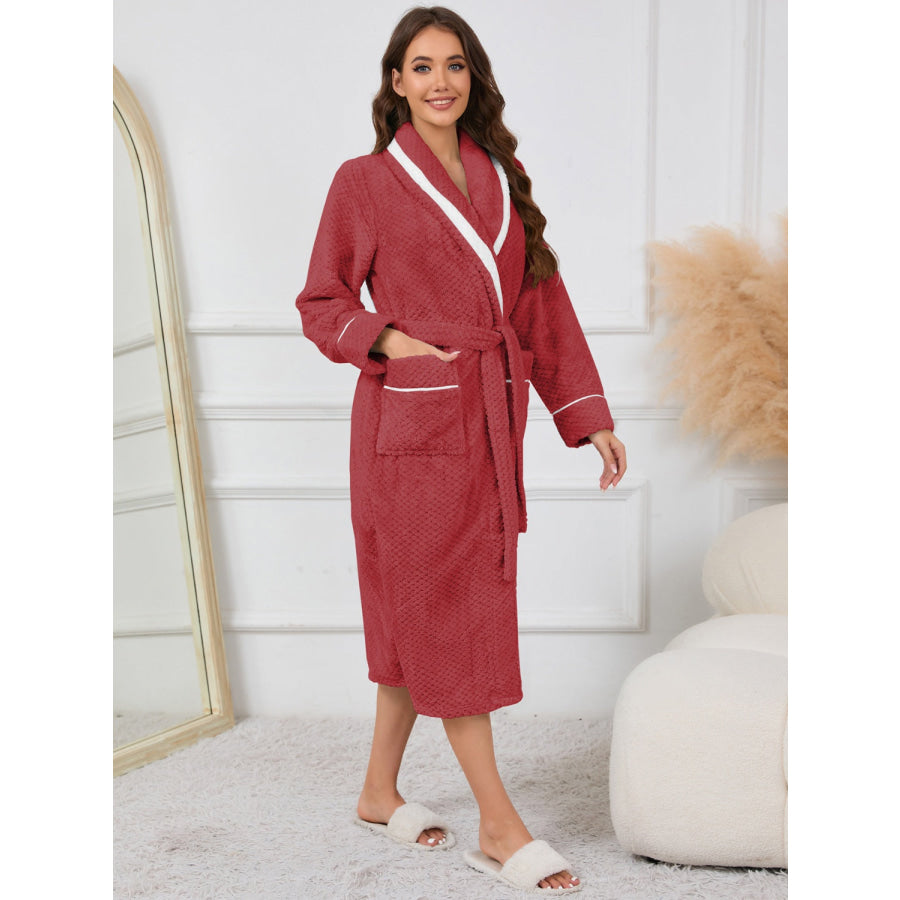 Contrast Trim Tie Waist Lounge Nightgown with Pockets Apparel and Accessories