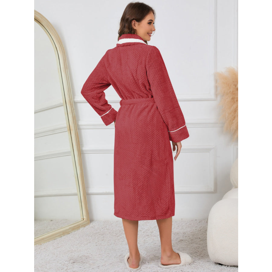 Contrast Trim Tie Waist Lounge Nightgown with Pockets Apparel and Accessories