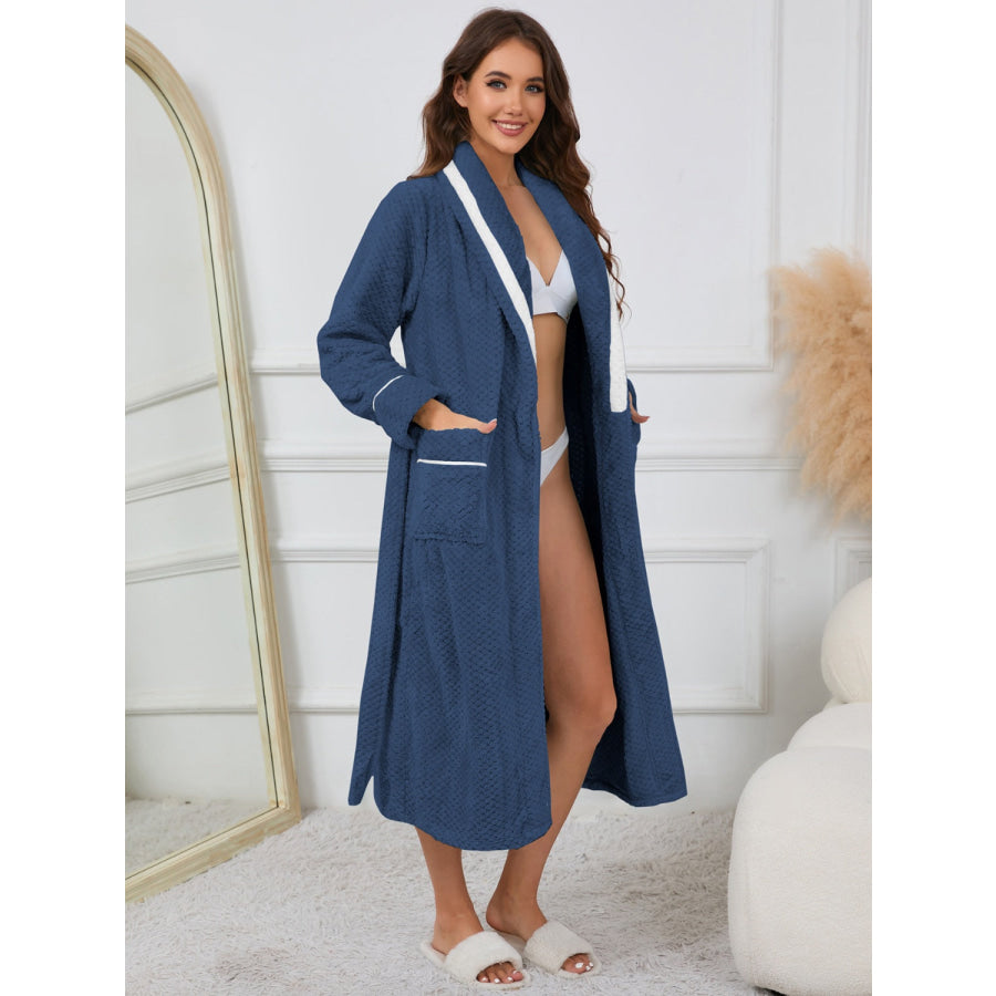 Contrast Trim Tie Waist Lounge Nightgown with Pockets Dark Blue / S Apparel and Accessories