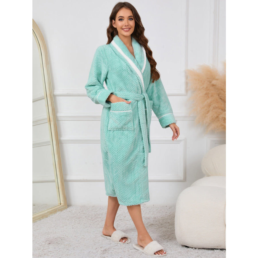 Contrast Trim Tie Waist Lounge Nightgown with Pockets Tiffany Blue / S Apparel and Accessories