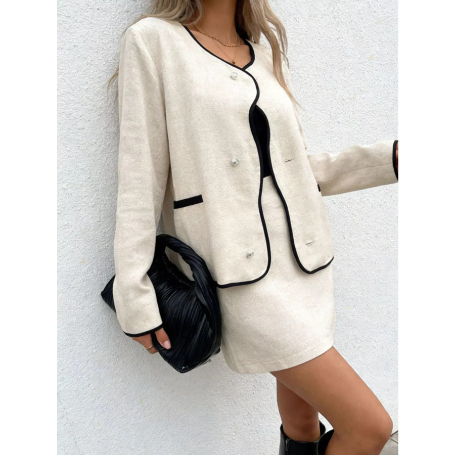 Contrast Trim Top and Skirt Set Beige / XS Apparel and Accessories