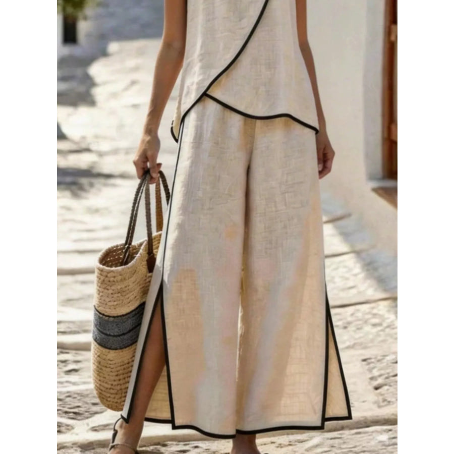 Contrast Trim Top and Slit Pants Set Apricot / S Apparel and Accessories