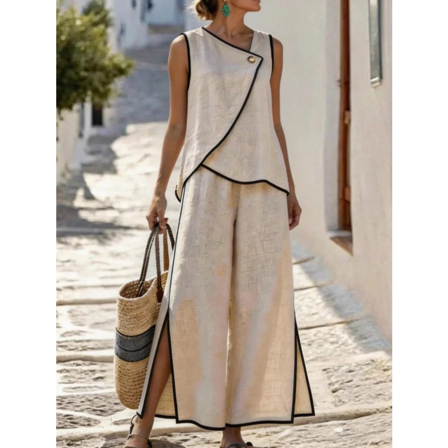 Contrast Trim Top and Slit Pants Set Apricot / S Apparel and Accessories