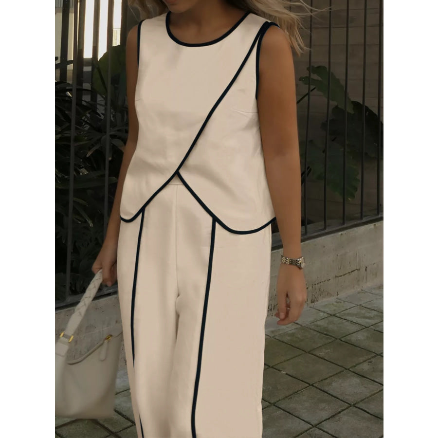 Contrast Trim Top and Wide Leg Pants Set Apparel and Accessories