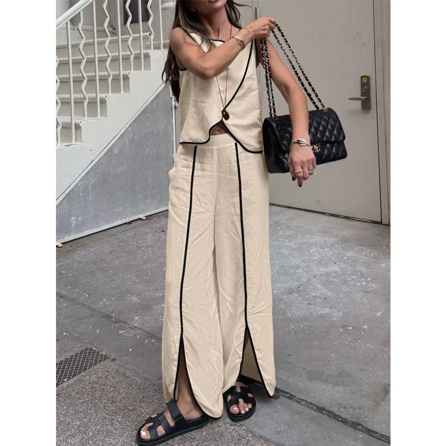 Contrast Trim Top and Wide Leg Pants Set Apparel and Accessories