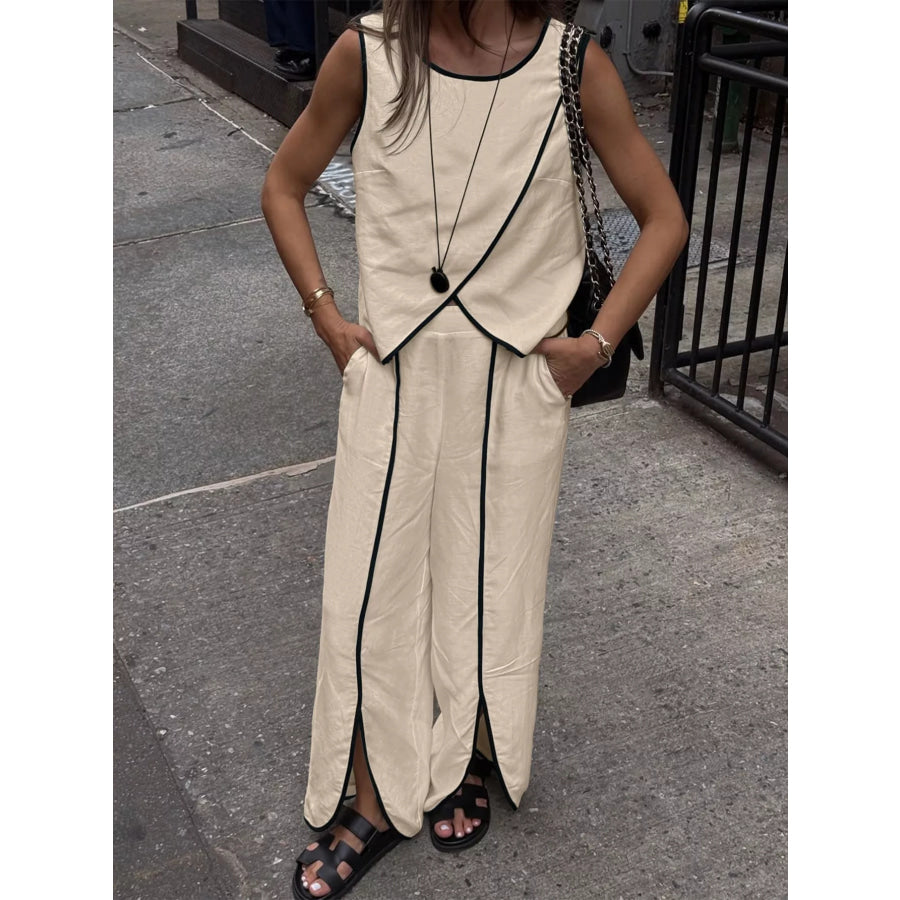 Contrast Trim Top and Wide Leg Pants Set Apparel and Accessories