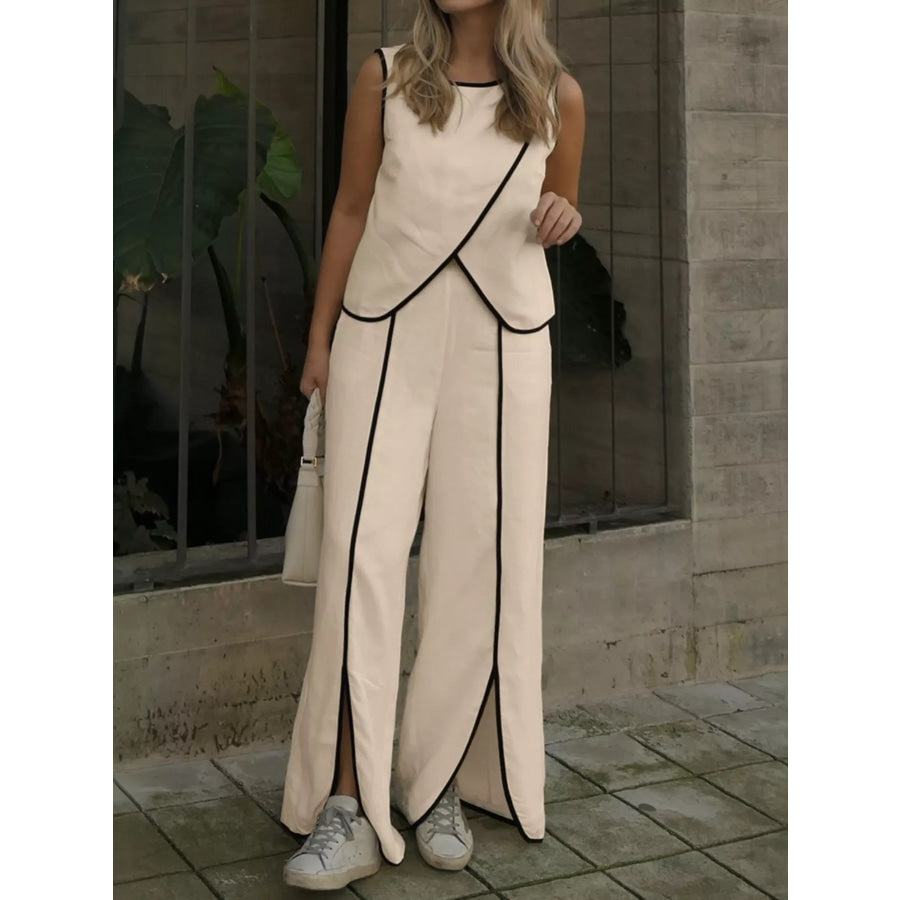 Contrast Trim Top and Wide Leg Pants Set Apparel and Accessories