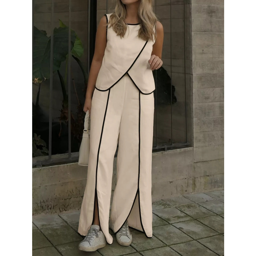 Contrast Trim Top and Wide Leg Pants Set Apparel and Accessories
