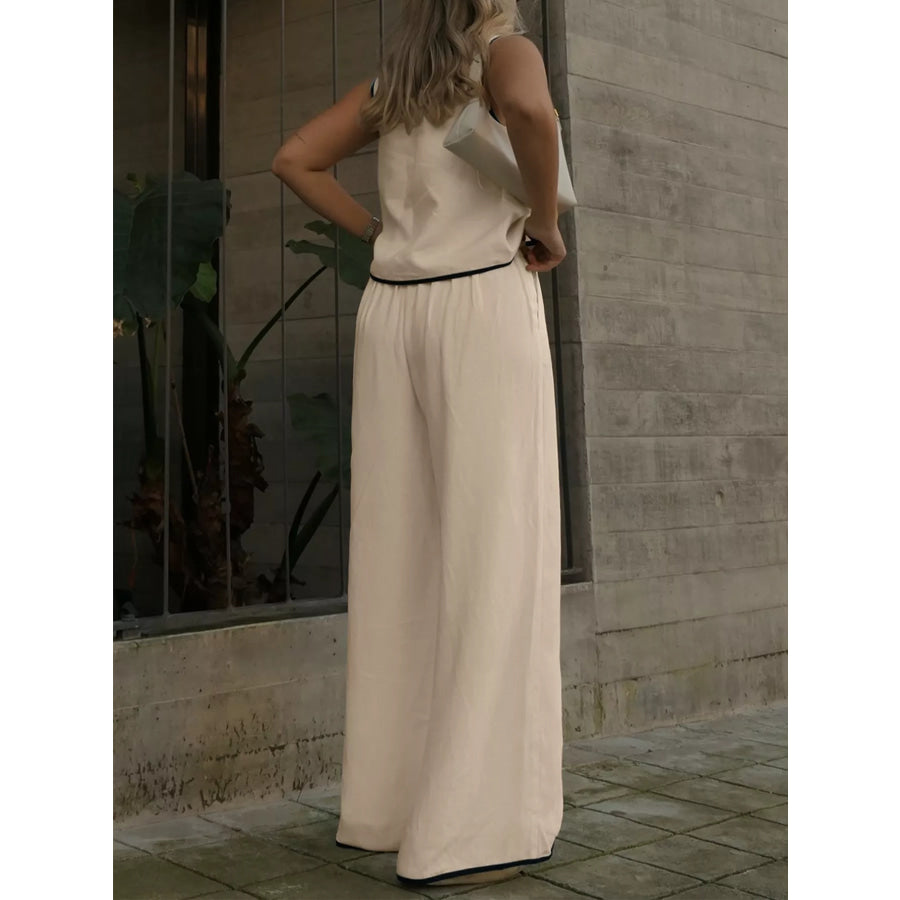 Contrast Trim Top and Wide Leg Pants Set Apparel and Accessories