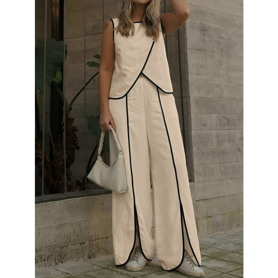 Contrast Trim Top and Wide Leg Pants Set Tan / S Apparel and Accessories