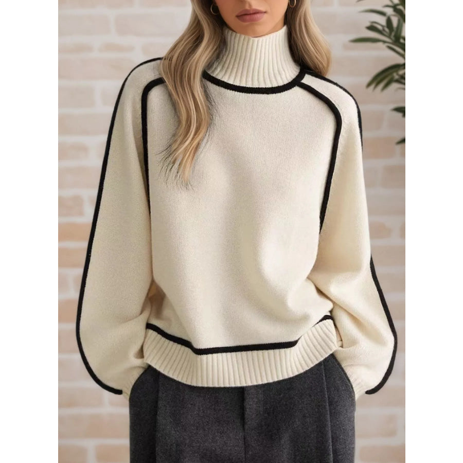 Contrast Trim Turtleneck Sweater Beige / S Apparel and Accessories