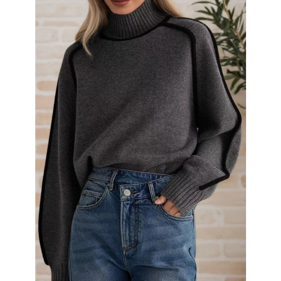 Contrast Trim Turtleneck Sweater Dark Gray / S Apparel and Accessories