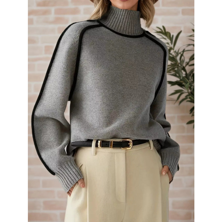 Contrast Trim Turtleneck Sweater Gray / S Apparel and Accessories